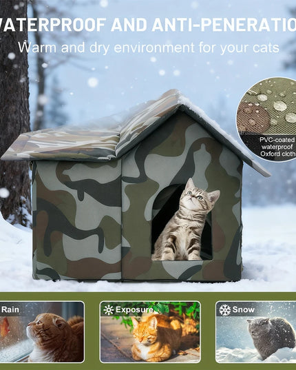 オックスフォード布製キャットハウス ペット用猫洞窟 睡眠ベッド テント 屋外 防雨 野良猫ハウス 小型犬 子犬用 冬季閉鎖